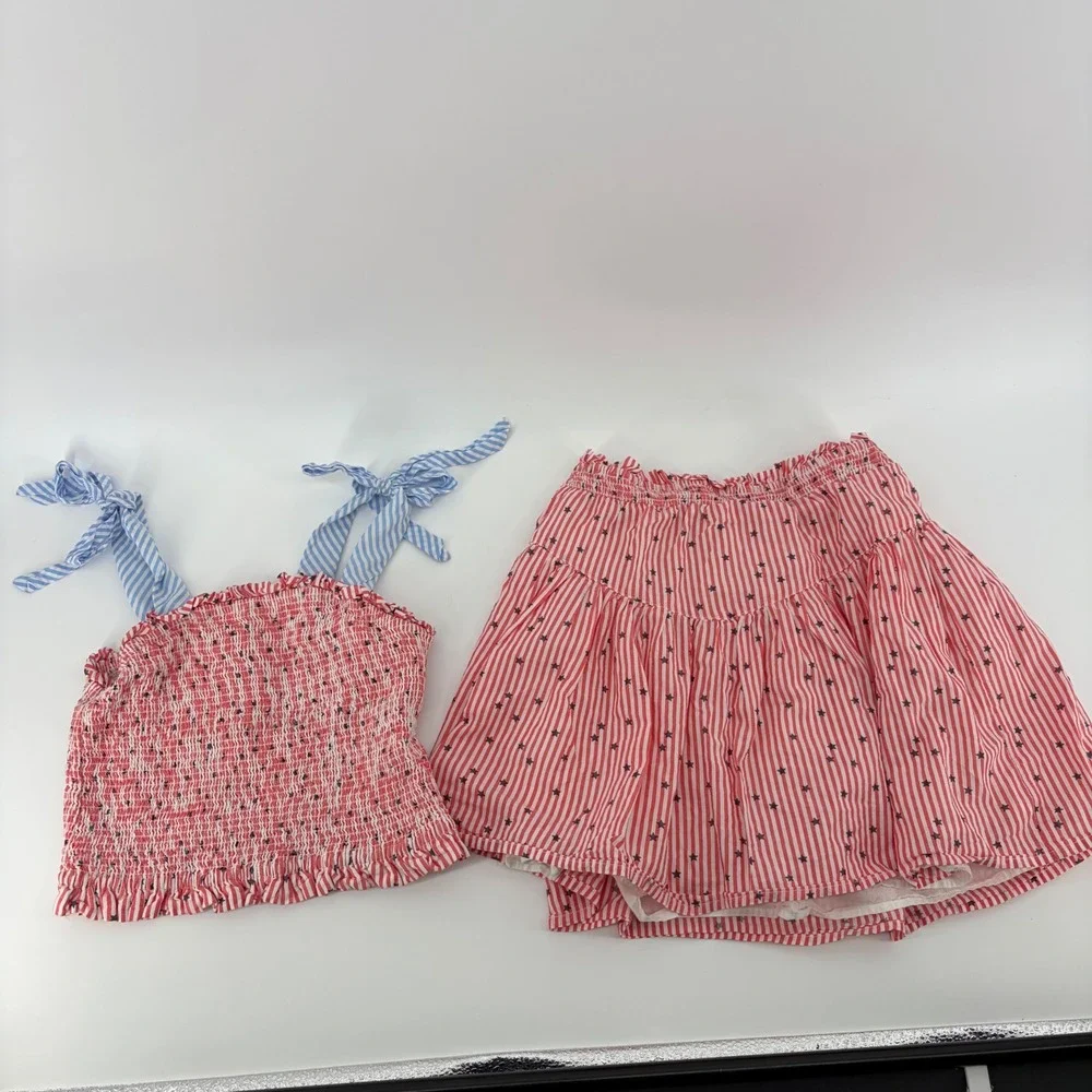 Tommy Bahama Girls Size 8 Red White Blue Striped Star Smocked Skirt Set 2pc
